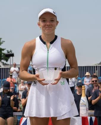 Katie Swan (GBR) with her runners up trophy after loosing to Yanina Wickmayer (BEL)in the final of the W100 Surbiton Trophy on the Final day of the Surbiton Trophy, at Surbiton Lawn Tennis Club, Surbiton, England on the 11th June 2023. Copyright: xAlanxStanfordx PMI-5588-0087