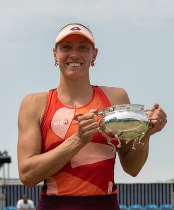 Yanina Wickmayer (BEL) (left) with her trophy after winning the final in the third set tie break in her match with Katie Swan (GBR) in the final of the W100 Surbiton Trophy on the Final day of the Surbiton Trophy, at Surbiton Lawn Tennis Club, Surbiton, England on the 11th June 2023. Copyright: xAlanxStanfordx PMI-5588-0093
