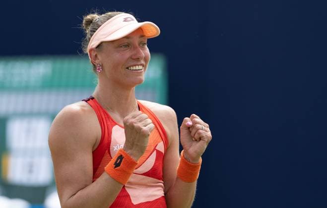 Yanina Wickmayer (BEL) celebrates winning the final in the third set tie break in her match with Katie Swan (GBR) in the final of the W100 Surbiton Trophy on the Final day of the Surbiton Trophy, at Surbiton Lawn Tennis Club, Surbiton, England on the 11th June 2023. Copyright: xAlanxStanfordx PMI-5588-0095