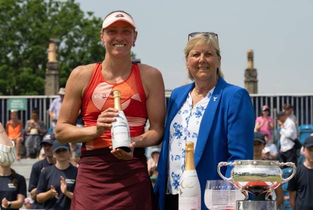 Yanina Wickmayer (BEL) with her presentation prize after winning the final in the third set tie break in her match with Katie Swan (GBR) in the final of the W100 Surbiton Trophy on the Final day of the Surbiton Trophy, at Surbiton Lawn Tennis Club, Surbiton, England on the 11th June 2023. Copyright: xAlanxStanfordx PMI-5588-0099