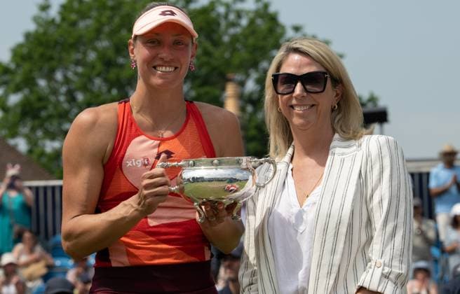 Yanina Wickmayer (BEL) with her presentation trophy after winning the final in the third set tie break in her match with Katie Swan (GBR) in the final of the W100 Surbiton Trophy on the Final day of the Surbiton Trophy, at Surbiton Lawn Tennis Club, Surbiton, England on the 11th June 2023. Copyright: xAlanxStanfordx PMI-5588-0102