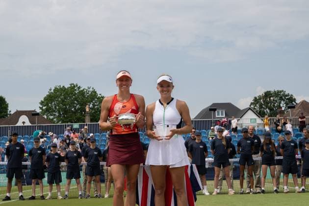 Yanina Wickmayer (BEL) (left) with her presentation trophy and runner up Katie Swan (GBR) after winning the final in the third set tie break in her match with Katie Swan (GBR) in the final of the W100 Surbiton Trophy on the Final day of the Surbiton Trophy, at Surbiton Lawn Tennis Club, Surbiton, England on the 11th June 2023. Copyright: xAlanxStanfordx PMI-5588-0103