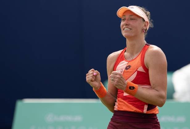 Yanina Wickmayer (BEL) celebrates after winning the final in the third set tie break in her match with Katie Swan (GBR) in the final of the W100 Surbiton Trophy on the Final day of the Surbiton Trophy, at Surbiton Lawn Tennis Club, Surbiton, England on the 11th June 2023. Copyright: xAlanxStanfordx PMI-5588-0131