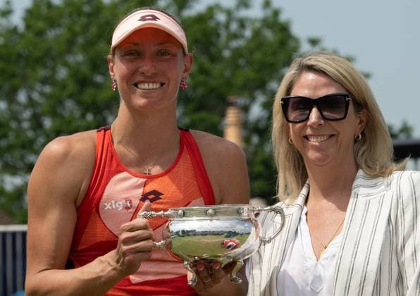 Yanina Wickmayer (BEL) with her presentation trophy after winning the final in the third set tie break in her match with Katie Swan (GBR) in the final of the W100 Surbiton Trophy on the Final day of the Surbiton Trophy, at Surbiton Lawn Tennis Club, Surbiton, England on the 11th June 2023. Copyright: xAlanxStanfordx PMI-5588-0137