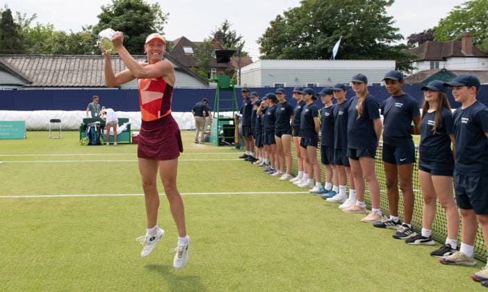 Yanina Wickmayer (BEL) celebrates with her trophy after winning the final in the third set tie break in her match with Katie Swan (GBR) in the final of the W100 Surbiton Trophy on the Final day of the Surbiton Trophy, at Surbiton Lawn Tennis Club, Surbiton, England on the 11th June 2023. Copyright: xAlanxStanfordx PMI-5588-0104
