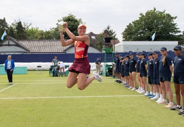 Yanina Wickmayer (BEL) celebrates with her trophy after winning the final in the third set tie break in her match with Katie Swan (GBR) in the final of the W100 Surbiton Trophy on the Final day of the Surbiton Trophy, at Surbiton Lawn Tennis Club, Surbiton, England on the 11th June 2023. Copyright: xAlanxStanfordx PMI-5588-0105