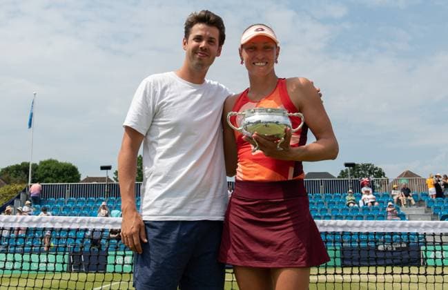 Yanina Wickmayer (BEL) celebrates with her coach Germain Gigounon after winning the final in the third set tie break in her match with Katie Swan (GBR) in the final of the W100 Surbiton Trophy on the Final day of the Surbiton Trophy, at Surbiton Lawn Tennis Club, Surbiton, England on the 11th June 2023. Copyright: xAlanxStanfordx PMI-5588-0117