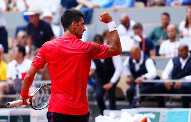 Mandatory Credit: Photo by Javier Garcia Shutterstock (13949284aq) Novak Djokovic celebrates taking the first set French Open Tennis, Day 15, Roland Garros, Paris, France - 11 June 2023 French Open Tennis, Day 15, Roland Garros, Paris, France - 11 June 2023  Copyright: xJavierxGarcia Shutterstockx 13949284aq