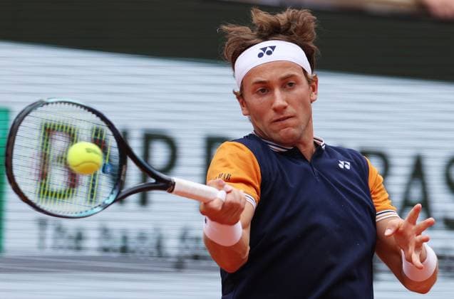 (230611) -- PARIS, June 11, 2023 -- Casper Ruud of Norway hits a return during the men s singles final against Novak Djokovic of Serbia at the French Open tennis tournament at Roland Garros in Paris, France, June 11, 2023. ) (SP)FRANCE-PARIS-TENNIS-ROLAND GARROS-FRENCH OPEN-MEN S SINGLES GaoxJing 