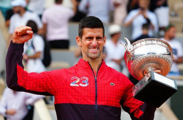 Mandatory Credit: Photo by Javier Garcia Shutterstock (13949284ba) Novak Djokovic celebrates winning the French Open, his 23rd Grand Slam of his career French Open Tennis, Day 15, Roland Garros, Paris, France - 11 June 2023 French Open Tennis, Day 15, Roland Garros, Paris, France - 11 June 2023  Copyright: xJavierxGarcia Shutterstockx 13949284ba