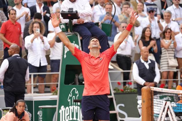 Novak Djokovic, SRB, during final of 2023 French Open at Roland Garros, Paris, 11 06 2023