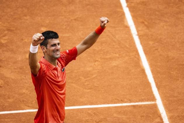 joie de Novak Djokovic (Srb) en fin de match TENNIS : Roland Garros 2023 - Finale Messieurs - Paris - 11 06 2023 JBAutissier Panoramic 