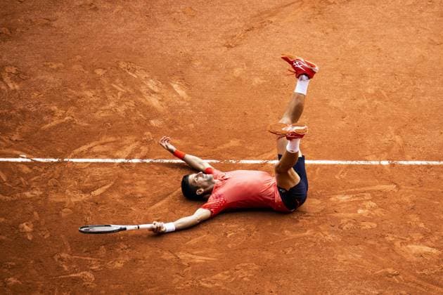joie de Novak Djokovic (Srb) en fin de match TENNIS : Roland Garros 2023 - Finale Messieurs - Paris - 11 06 2023 JBAutissier Panoramic 
