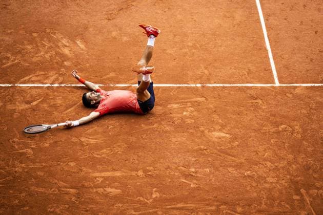 joie de Novak Djokovic (Srb) en fin de match TENNIS : Roland Garros 2023 - Finale Messieurs - Paris - 11 06 2023 JBAutissier Panoramic 