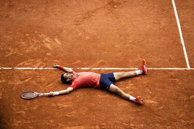 joie de Novak Djokovic (Srb) en fin de match TENNIS : Roland Garros 2023 - Finale Messieurs - Paris - 11 06 2023 JBAutissier Panoramic 
