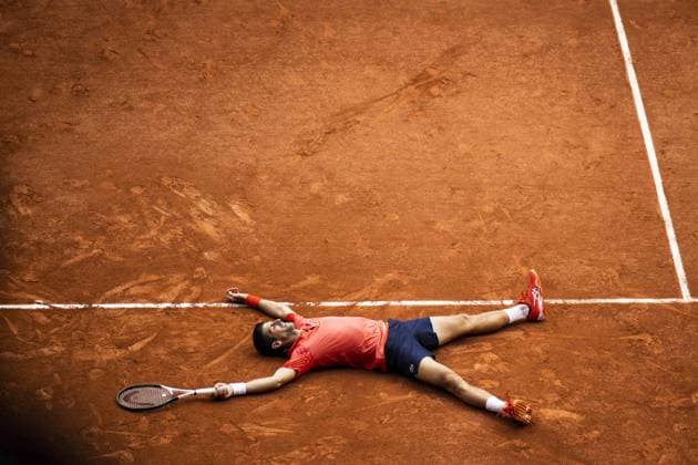 joie de Novak Djokovic (Srb) en fin de match TENNIS : Roland Garros 2023 - Finale Messieurs - Paris - 11 06 2023 JBAutissier Panoramic 