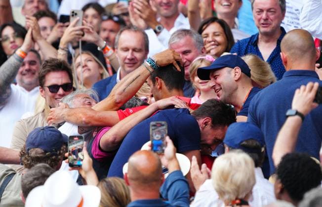 Mandatory Credit: Photo by Javier Garcia Shutterstock (13949284cr) Novak Djokovic celebrates with his team French Open Tennis, Day 15, Roland Garros, Paris, France - 11 June 2023 French Open Tennis, Day 15, Roland Garros, Paris, France - 11 June 2023  Copyright: xJavierxGarcia Shutterstockx 13949284cr