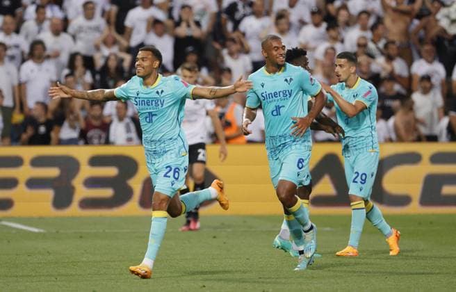 June 11, 2023, REGGIO EMILIA: Hellas Verona s Cyril Ngonge jubilates after scoring the goal 1-2 during the playout Italian Serie A soccer match Spezia Calcio vs Hellas Verona at Mapei Stadium - CittÃ del Tricolore stadium in Reggio Emilia, Italy, 11 June 2023..ANSA EMANUELE PENNACCHIO Soccer: Serie A; Spezia Calcio vs Hellas Verona  - ZUMAa110 20230611_zaf_a110_067 Copyright: xEmanuelexPennacchiox