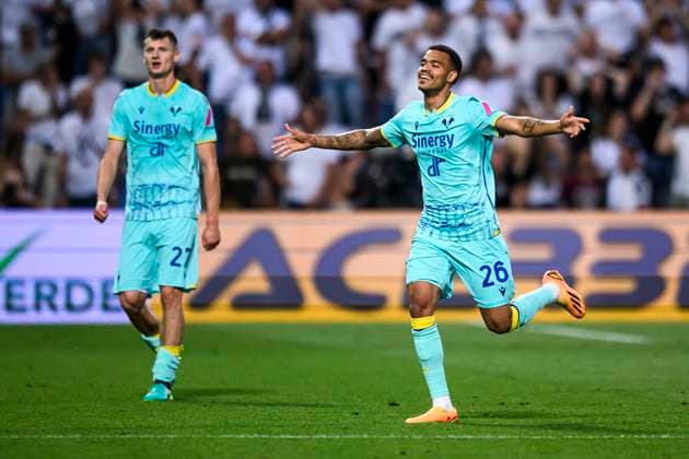 Spezia Calcio v Hellas Verona FC - Serie A Cyril Ngonge of Hellas Verona FC celebrates after scoring a goal during the Serie A relegation play-off football match between Spezia Calcio and Hellas Verona FC. Reggio Emilia Italy Copyright: xNicolòxCampox