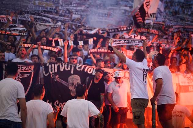 Spezia Calcio v Hellas Verona FC - Serie A Fans of SPezia Calcio show theri support during the Serie A relegation play-off football match between Spezia Calcio and Hellas Verona FC. Reggio Emilia Italy Copyright: xNicolòxCampox