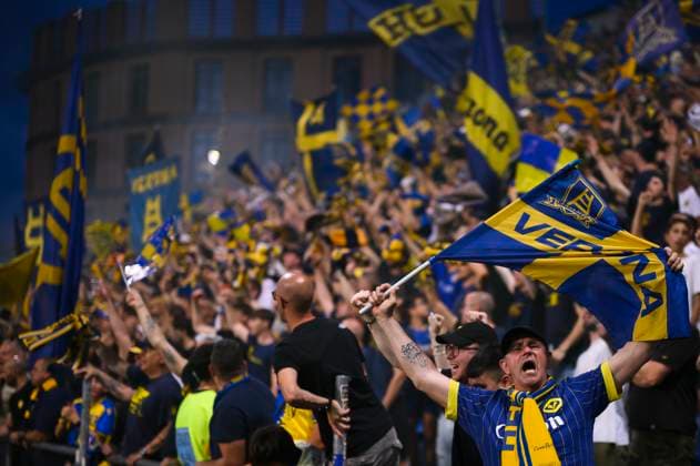 Spezia Calcio v Hellas Verona FC - Serie A Fans of Hellas Verona FC show their support during the Serie A relegation play-off football match between Spezia Calcio and Hellas Verona FC. Reggio Emilia Italy Copyright: xNicolòxCampox