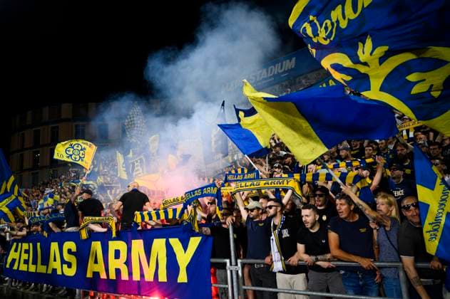 Spezia Calcio v Hellas Verona FC - Serie A Fans of Hellas Verona FC show their support during the Serie A relegation play-off football match between Spezia Calcio and Hellas Verona FC. Reggio Emilia Italy Copyright: xNicolòxCampox