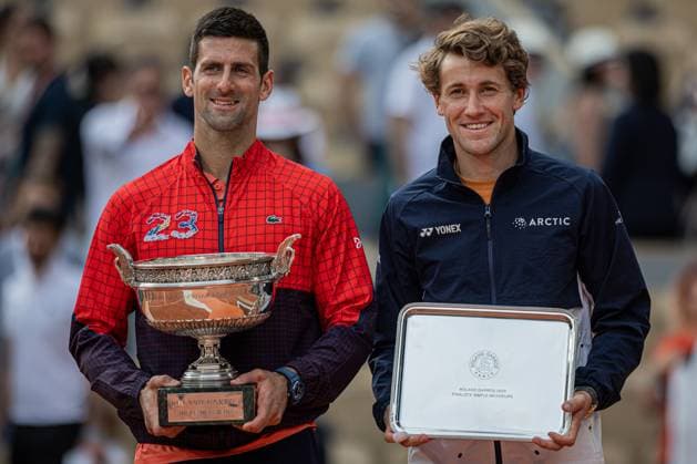 2023 French Open - Day Fifteen The winner Novak Djokovic and the finalist Casper Ruud with his trophys after the Men s Singles final at Roland Garros Grand Slam Tournament - Day 15 on June 11, 2023 in Paris, France. Paris France  Copyright: xRobertxSzaniszlox originalFilename:szaniszlo-notitle230611_nphbi.jpg
