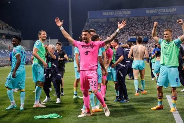 11th June 2023, Dacia Arena, Udine, Italy; Serie A Relegation Play Off Football; Spezia versus Hellas Verona; Goalie Alessandro Berardi and players of Hellas Verona celebrate the victory at the end of the match  ActionPlus12519198 EmanuelexPennacchio
