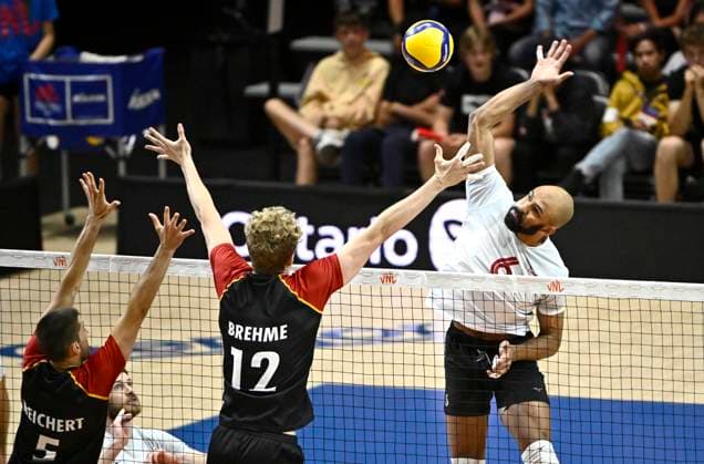 June 11, 2023, Ottawa, ON, CAN: Canada s Danny Demyanenko (6) spikes the ball as Germany s Anton Brehme (12) and Mortiz Reichert (5) defend during Volleyball Nations League action in Ottawa, on Sunday, June 11, 2023. Danny Demyanenko Anton Brehme Mortiz Reichert  - ZUMAc35_ 20230611_zaf_c35_167 Copyright: xJustinxTangx