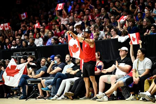 June 11, 2023, Ottawa, ON, CAN: Fans wave the Maple Leaf flag as Canada takes Germany on during Volleyball Nations League action in Ottawa, on Sunday, June 11, 2023. Canada News - June 11, 2023  - ZUMAc35_ 20230611_zaf_c35_178 Copyright: xJustinxTangx