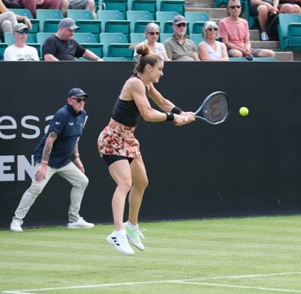 12th June 2023; Nottingham Tennis Centre, Nottingham, England: Rothesay Nottingham Open, Day 1; Backhand shot from Maria Sakkari (GRE) to Xiyu Wang (CHN)  ActionPlus12519457 PaulxBonser