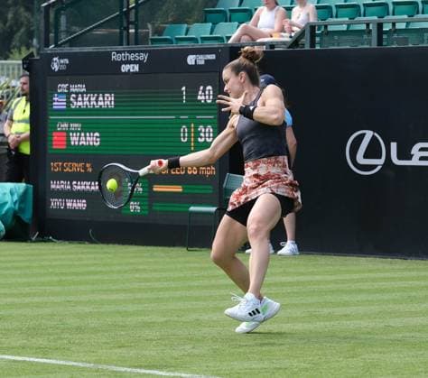 12th June 2023; Nottingham Tennis Centre, Nottingham, England: Rothesay Nottingham Open, Day 1; Forehand shot down the line from Maria Sakkari (GRE) to Xiyu Wang (CHN)  ActionPlus12519462 PaulxBonser