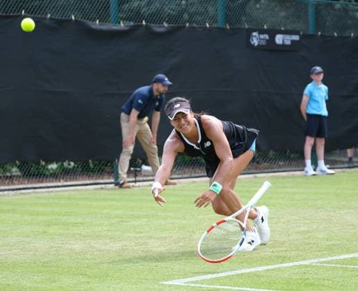 12th June 2023; Nottingham Tennis Centre, Nottingham, England: Rothesay Nottingham Open, Day 1; Heather Watson (GBR) drops her racket versus Jule Niemeier (GER)  ActionPlus12519506 PaulxBonser