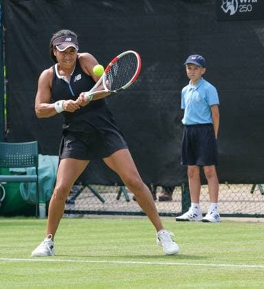 12th June 2023; Nottingham Tennis Centre, Nottingham, England: Rothesay Nottingham Open, Day 1; Heather Watson (GBR) backhand shot to Jule Niemeier (GER)  ActionPlus12519511 PaulxBonser