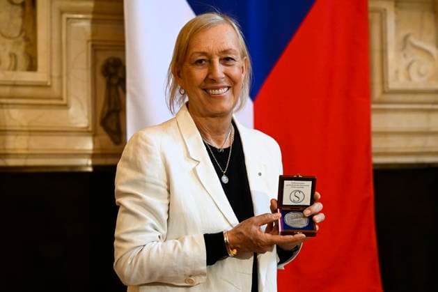 Senate chairman Milos Vystrcil (ODS) gives silver medal of Senate chairperson to legendary tennis player Martina Navratilova, in Valdstejnsky palace, Valdstejnske nam. 4, Prague, Czech Republic, on June 13, 2023. (CTKxPhoto OndrejxDeml) CTKPhotoP2023061304179  CTKPhotoP2023061304179