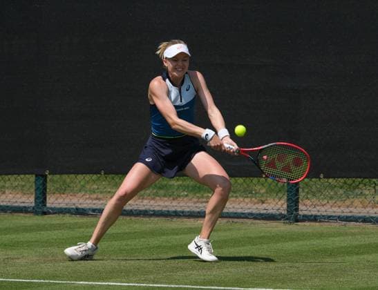 13th June 2023; Nottingham Tennis Centre, Nottingham, England: Rothesay Nottingham Open, Day 2; Harriet Dart (GBR) plays a backhand shot to Rebecca Marino (CAN)  ActionPlus12519522 PaulxBonser