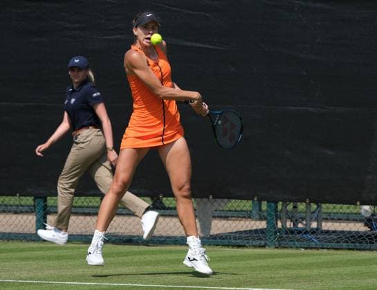 13th June 2023; Nottingham Tennis Centre, Nottingham, England: Rothesay Nottingham Open, Day 2; Magda Linette (POL) plays a backhand shot to Olivia Gadecki (AUS)  ActionPlus12519543 PaulxBonser
