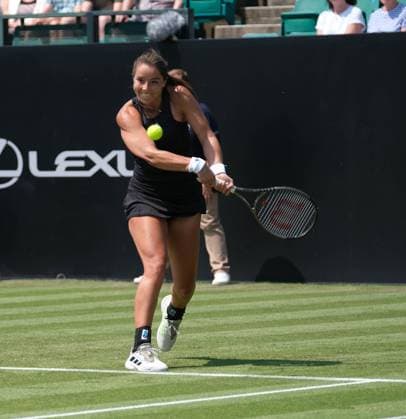 13th June 2023; Nottingham Tennis Centre, Nottingham, England: Rothesay Nottingham Open, Day 2; Jodie Burrage (GBR) plays backhand winner down the line to Tereza Martincova (CZE)  ActionPlus12519551 PaulxBonser
