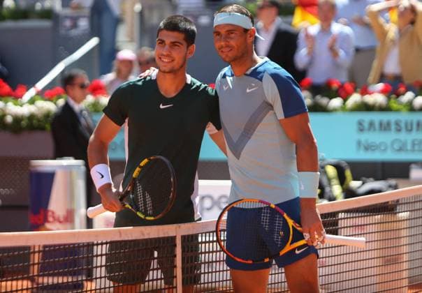 Mutua Madrid Open Rafael Nadal of Spain and Carlos Alcaraz of Spain during the Mutua Madrid Open 2022 tennis tournament on May 6, 2022 at Caja Magica stadium in Madrid, Spain - Photo Laurent Lairys ABACAPRESS.COM Madrid Spain  Copyright: xLairysxLaurent ABACAx 809007_134 LairysxLaurent ABACAx 809007_134