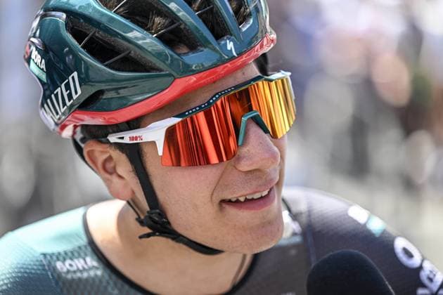 LEUKERBAD, SWITZERLAND - JUNE 14 : Uijtdebroeks Cian (BEL) of BORA - hansgrohe during an interview during stage 4 of the 86th edition of the 2023 Tour de Suisse cycling race 2.UWT, a stage of 152,5 kms with start in Monthey and finish in Leukerbad on June 14, 2023 in Leukerbad, Switzerland, 14 06 2023 ( Motordriver Kenny Verfaillie - Tour de Suisse 2023 - Stage 4 PhotoNews Panoramic 
