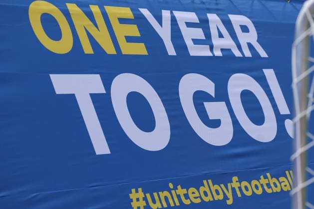 Frankfurt am Main, 14 June 2923 UEFA EURO 2024 One Year To Go press event Hauptwache at Katharinenkirche in Frankfurt am Main v l , Logo One Year To Go Copyright: JoaquimxFerreira