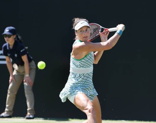 14th June 2023; Nottingham Tennis Centre, Nottingham, England: Rothesay Nottingham Open, Day 3; Tatjana Maria (GER) plays a backhand shot to Heather Watson (GBR)  ActionPlus12519615 PaulxBonser