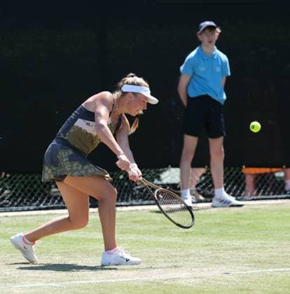 14th June 2023; Nottingham Tennis Centre, Nottingham, England: Rothesay Nottingham Open, Day 3; Magdalena Frech (POL) plays a backhand lob to Lin Zhu (CHN)  ActionPlus12519644 PaulxBonser