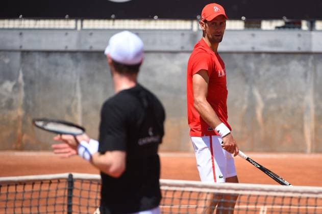 Rome Tennis Open - Novak Djokovic And Andy Murray Novak Djokovic (SRB) with Andy Murray (GBR) during their practice during Rome Tennis Open, Rome, Italy, on May, 10, 2021. Photo by Corinne Dubreuil ABACAPRESS.COM Rome Italy  Copyright: xDubreuilxCorinne ABACAx 765169_010 DubreuilxCorinne ABACAx 765169_010