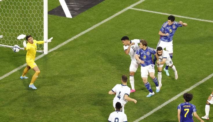 Football: Japan-El Salvador friendly Japan s Shogo Taniguchi (top, R) opens the scoring with a header in the first half of an international football friendly against El Salvador on June 15, 2023, at Toyota Stadium in Toyota in Aichi Prefecture, central Japan.  A14AA0001586672P 