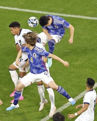 Football: Japan-El Salvador friendly Japan s Shogo Taniguchi (top, R) opens the scoring with a header in the first half of an international football friendly against El Salvador on June 15, 2023, at Toyota Stadium in Toyota in Aichi Prefecture, central Japan.  A14AA0001586679P 