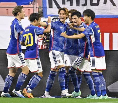 Football: Japan-El Salvador friendly Japan s Shogo Taniguchi (2nd from R) celebrates with teammates after opening the scoring with a header in the first half of an international football friendly against El Salvador on June 15, 2023, at Toyota Stadium in Toyota in Aichi Prefecture, central Japan.  A14AA0001586724P 