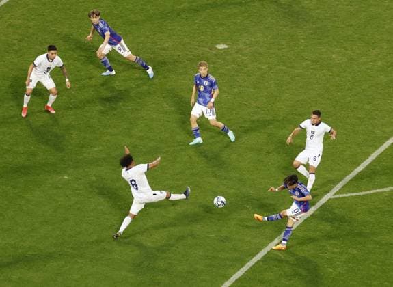 Football: Japan-El Salvador friendly Japan s Takefusa Kubo (bottom, R) scores a goal in the first half of an international football friendly against El Salvador on June 15, 2023, at Toyota Stadium in Toyota in Aichi Prefecture, central Japan.  A14AA0001586739P 