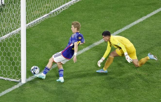Football: Japan-El Salvador friendly Japan s Ritsu Doan (L) scores a goal in the first half of an international football friendly against El Salvador on June 15, 2023, at Toyota Stadium in Toyota in Aichi Prefecture, central Japan.  A14AA0001586760P 