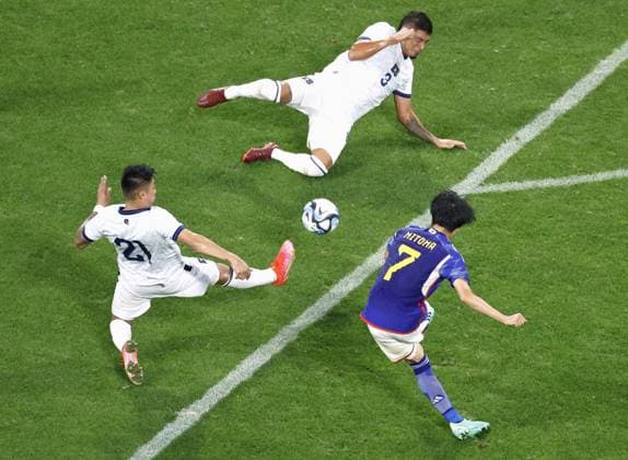 Football: Japan-El Salvador friendly Japan s Kaoru Mitoma (blue) shoots in the first half of an international football friendly against El Salvador on June 15, 2023, at Toyota Stadium in Toyota in Aichi Prefecture, central Japan.  A14AA0001586834P 